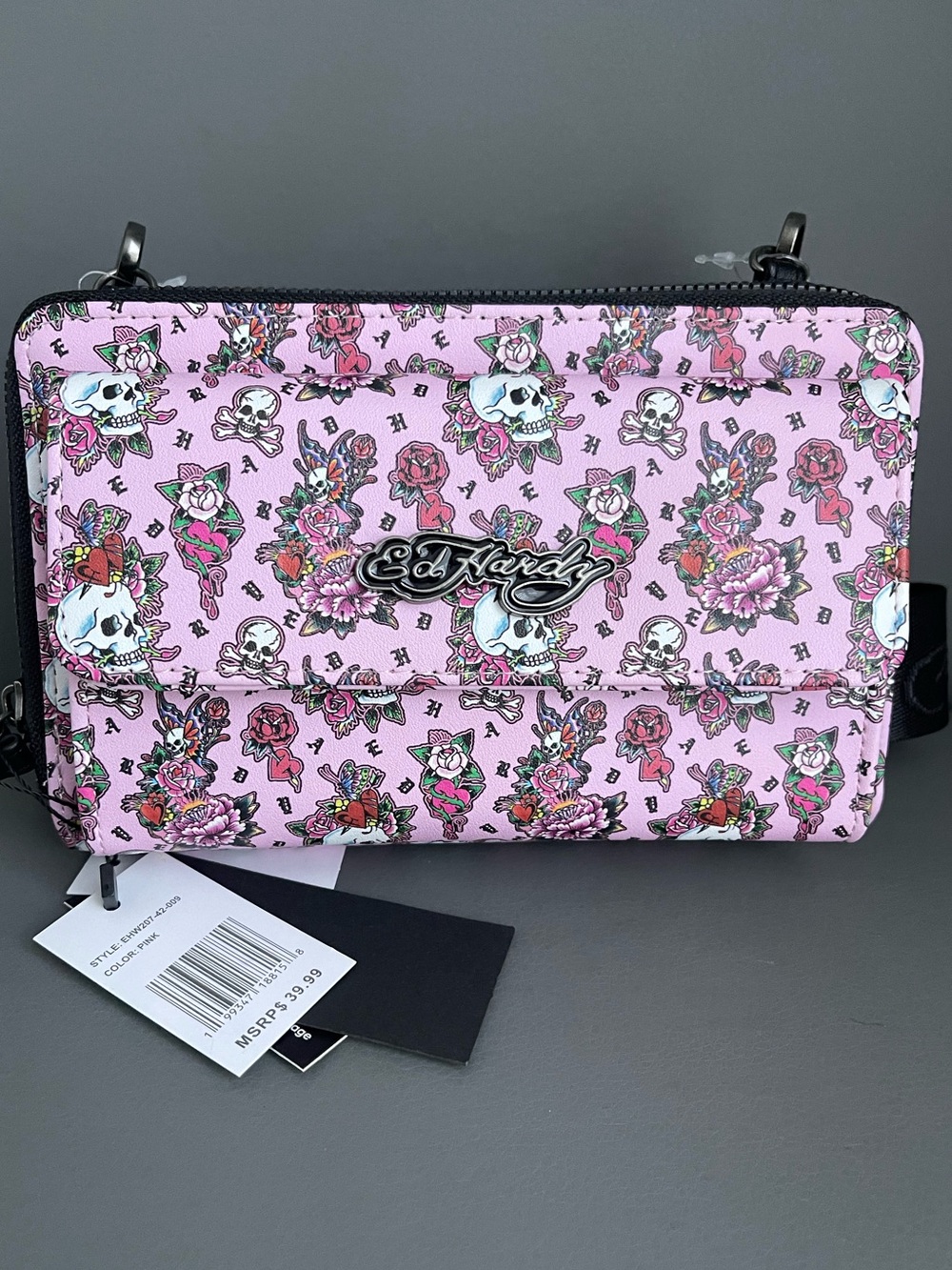 Ed Hardy Pink Tattoo Print Skull and Floral Double Zip Crossbody Wallet Wristlet